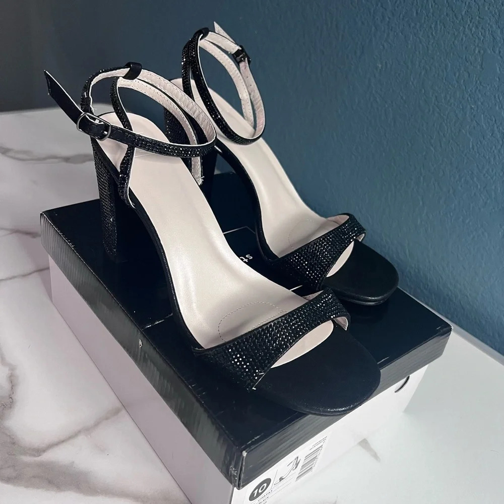 Davids Bridal Sparkly minimalist ankle strap heel all black wedding party prom